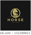 Chess strategy game logo with horse, king, pawn, minister and rook. Logo for chess tournament, chess team, chess championship, chess game application. 132288821