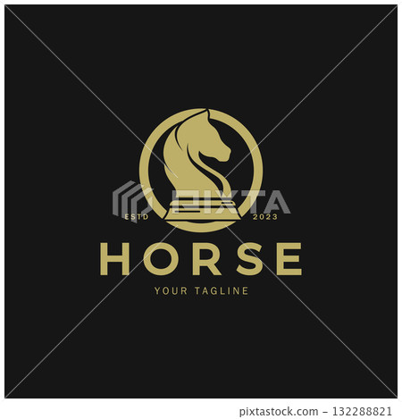 Chess strategy game logo with horse, king, pawn, minister and rook. Logo for chess tournament, chess team, chess championship, chess game application. 132288821