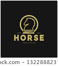 Chess strategy game logo with horse, king, pawn, minister and rook. Logo for chess tournament, chess team, chess championship, chess game application. 132288823