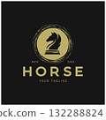Chess strategy game logo with horse, king, pawn, minister and rook. Logo for chess tournament, chess team, chess championship, chess game application. 132288824
