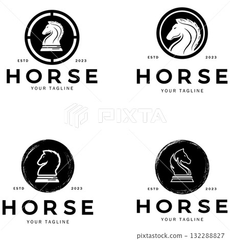 Chess strategy game logo with horse, king, pawn, minister and rook. Logo for chess tournament, chess team, chess championship, chess game application. Chess strategy game logo with horse, king, pawn, minister and rook. Logo for chess tournament, chess team, chess championship, chess game application. 132288827