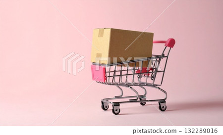 Shopping cart and cardboard shopping AI generated material 132289016