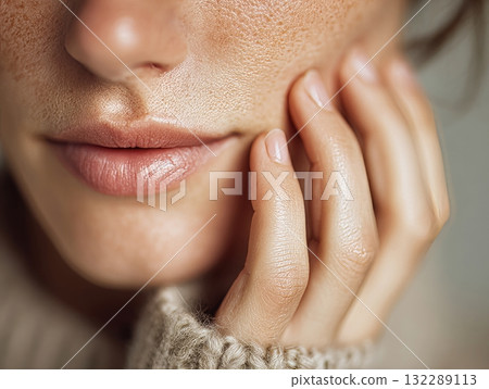 Woman's hand gently touching natural freckled skin 132289113