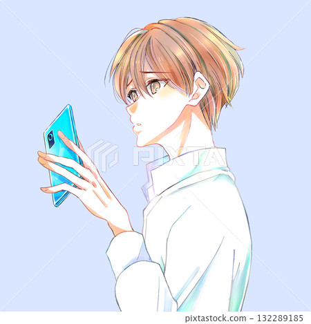 Sad man holding a smartphone, profile Sad man holding a smartphone, profile 132289185