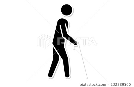 Line drawing illustration icon of an elderly person with a cane 132289560