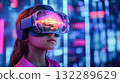 A girl wearing VR glasses interacts with a holographic globe. Generative Ai. 132289629