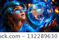 A girl wearing VR glasses interacts with a holographic globe. Generative Ai. 132289630