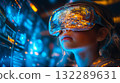 A girl wearing VR glasses interacts with a holographic globe. Generative Ai. 132289631