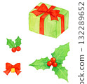 Hand-painted watercolor holly leaves and red berries. Green gift box with red ribbon. Christmas and winter design elements. 132289652