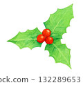 Hand-drawn watercolor illustration of holly leaves and red berries. A natural design suitable for Christmas and winter decorations. 132289653
