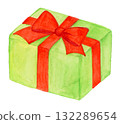 Hand-painted watercolor green gift box with red ribbon. A cute illustration perfect for Christmas or birthdays. 132289654