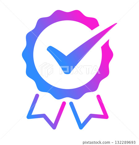 Check mark badge icon, certification mark, gear, gradient, RGB 132289693