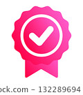 Check mark badge icon, certification mark, gear, pink, RGB 132289694