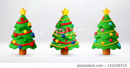 3d set colorful christmas trees with ornaments. 3d set colorful christmas trees with ornaments. 132289719