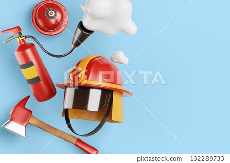 3d fireman banner template. Firefighter equipment set - fire helmet, extinguisher spraying foam, red alarm bell and axe on blue background. Emergency department, cartoon render icons. 3D illustration 132289733