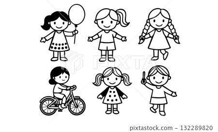 Kids coloring pictures of little girls. outlined illustration for children's drawing Kids coloring pictures of little girls. outlined illustration for children's drawing 132289820