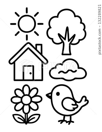 Kids coloring pictures. outlined illustration for children's drawing of house and outdoors. Cartoon nature 132289821