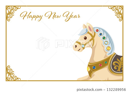 2026年新年賀卡，帶有搖馬和金色框架/簡潔優雅的橫向模板 132289956