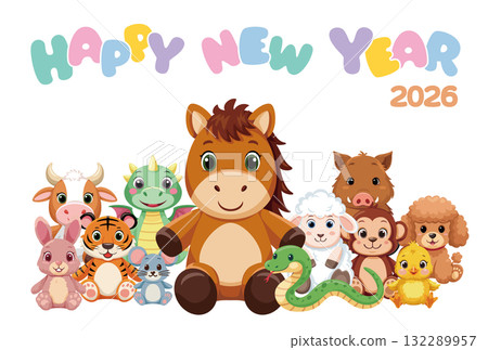 New Year's card featuring a large gathering of zodiac animals for 2026 / stuffed animal-style characters and Happy New Year New Year's card featuring a large gathering of zodiac animals for 2026 / stuffed animal-style characters and Happy New Year 132289957