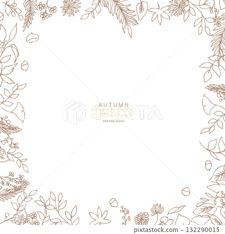 Line art illustration of plants. Vector frame of autumn plants. Simple background of winter plants. 132290015
