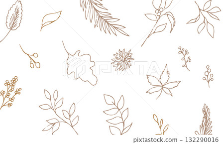 Line art illustration of plants. Vector frame of autumn plants. Simple background of winter plants. 132290016