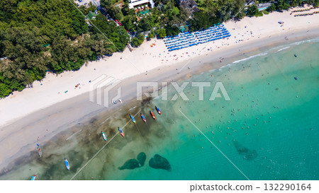 Aerial view of tropical shoreline at Kata Beach in Phuket, Thailand. 132290164