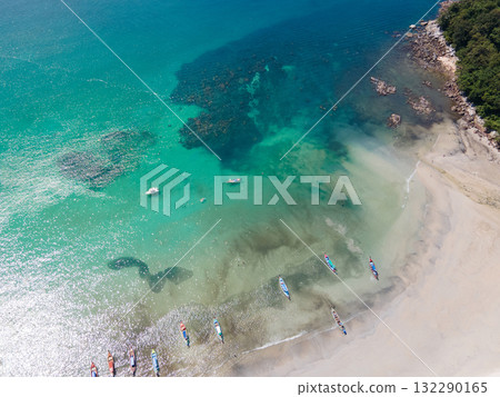 Aerial view of tropical shoreline at Kata Beach in Phuket, Thailand. 132290165