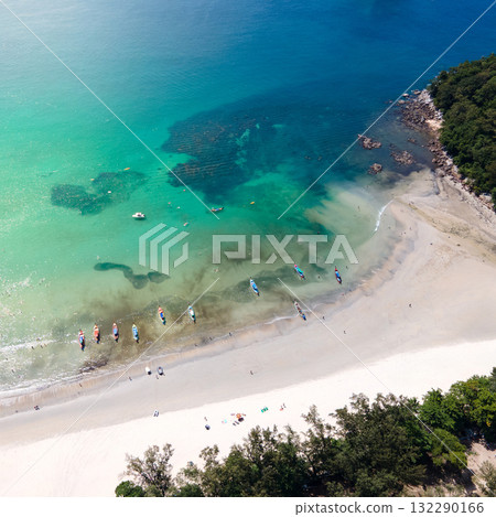 Aerial view of tropical shoreline at Kata Beach in Phuket, Thailand. 132290166