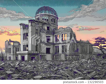 Illustration of the Atomic Bomb Dome with rubble remaining Illustration of the Atomic Bomb Dome with rubble remaining 132290503