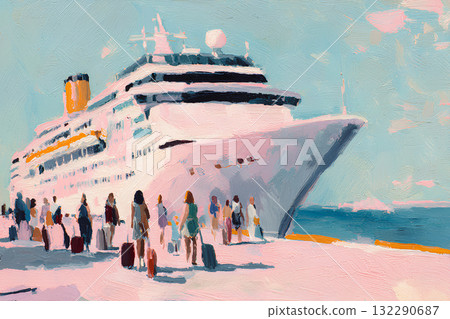 Departing luxury cruise ship and travelers (oil painting style) 132290687
