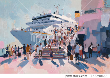 Departing luxury cruise ship and travelers (oil painting style) 132290688
