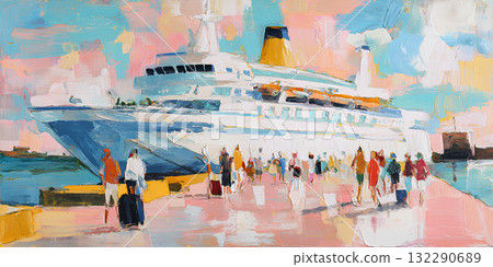 Departing luxury cruise ship and travelers (oil painting style) 132290689