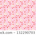Seamless Christmas pattern with gooses in Santa hats and coquette ribbon bows 132290703