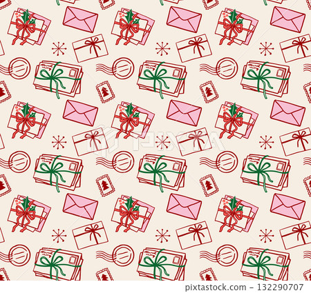 Seamless Christmas pattern with Santa letters, postmarks and stamps Seamless Christmas pattern with Santa letters, postmarks and stamps 132290707