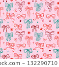 Seamless Christmas pattern with stars and coquette ribbon bows 132290710