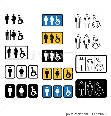 Toilet sign vector with man, woman and disabled wheelchair symbol in a glyph pictogram illustration 132290715