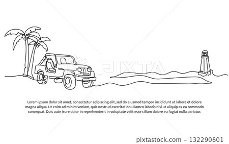 Continuous line design of jeep on the beach. Single line decorative element drawn on white. 132290801