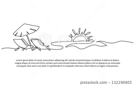 Continuous line design of relaxing at sunset on the beach. Single line decorative element drawn on white. Continuous line design of relaxing at sunset on the beach. Single line decorative element drawn on white. 132290805