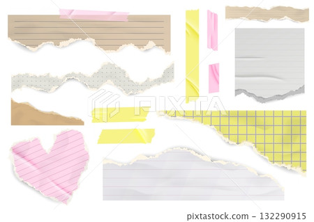 Torn paper of notebook sheet. Piece of page vector illustrations on white background. Cut out pink heart shape for scrapbooking and template design. Realistic grunge rough stickers Torn paper of notebook sheet. Piece of page vector illustrations on white background. Cut out pink heart shape for scrapbooking and template design. Realistic grunge rough stickers 132290915