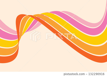 Retro rainbow background. Abstract 70s groovy design with wavy curved perspective stripe for geometric poster. Playful wallpaper. Vector dynamic template. Retro rainbow background. Abstract 70s groovy design with wavy curved perspective stripe for geometric poster. Playful wallpaper. Vector dynamic template. 132290916