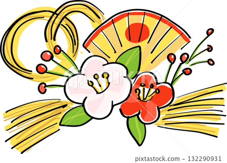 注連繩、梅花和扇子的新年裝飾插圖 132290931
