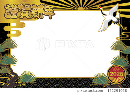 新年賀卡模板，黑色背景上有日式吉祥的松鶴橫框 132291038