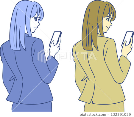A woman looking backwards at her smartphone 132291039