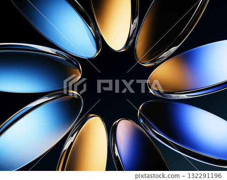 Neon glass round frame, geometric vibrant flower of transparent circle discs on black 3d background. Abstract crystal floral pattern with gold blue gradient and circular motion effect. 3D illustration 132291196