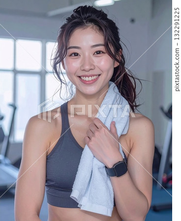 Fitness portrait of a woman with a towel around her neck 132291225