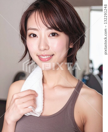 Fitness portrait of a woman with a towel around her neck Fitness portrait of a woman with a towel around her neck 132291248
