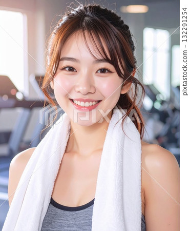 Fitness portrait of a woman with a towel around her neck 132291254