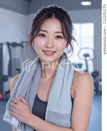 Fitness portrait of a woman with a towel around her neck Fitness portrait of a woman with a towel around her neck 132291270