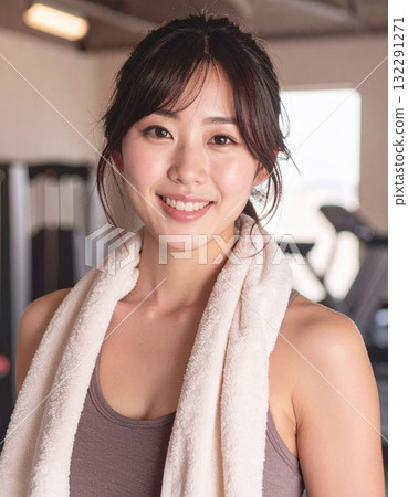 Fitness portrait of a woman with a towel around her neck 132291271