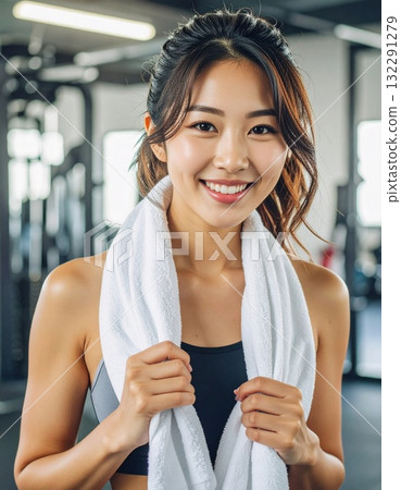 Fitness portrait of a woman with a towel around her neck Fitness portrait of a woman with a towel around her neck 132291279